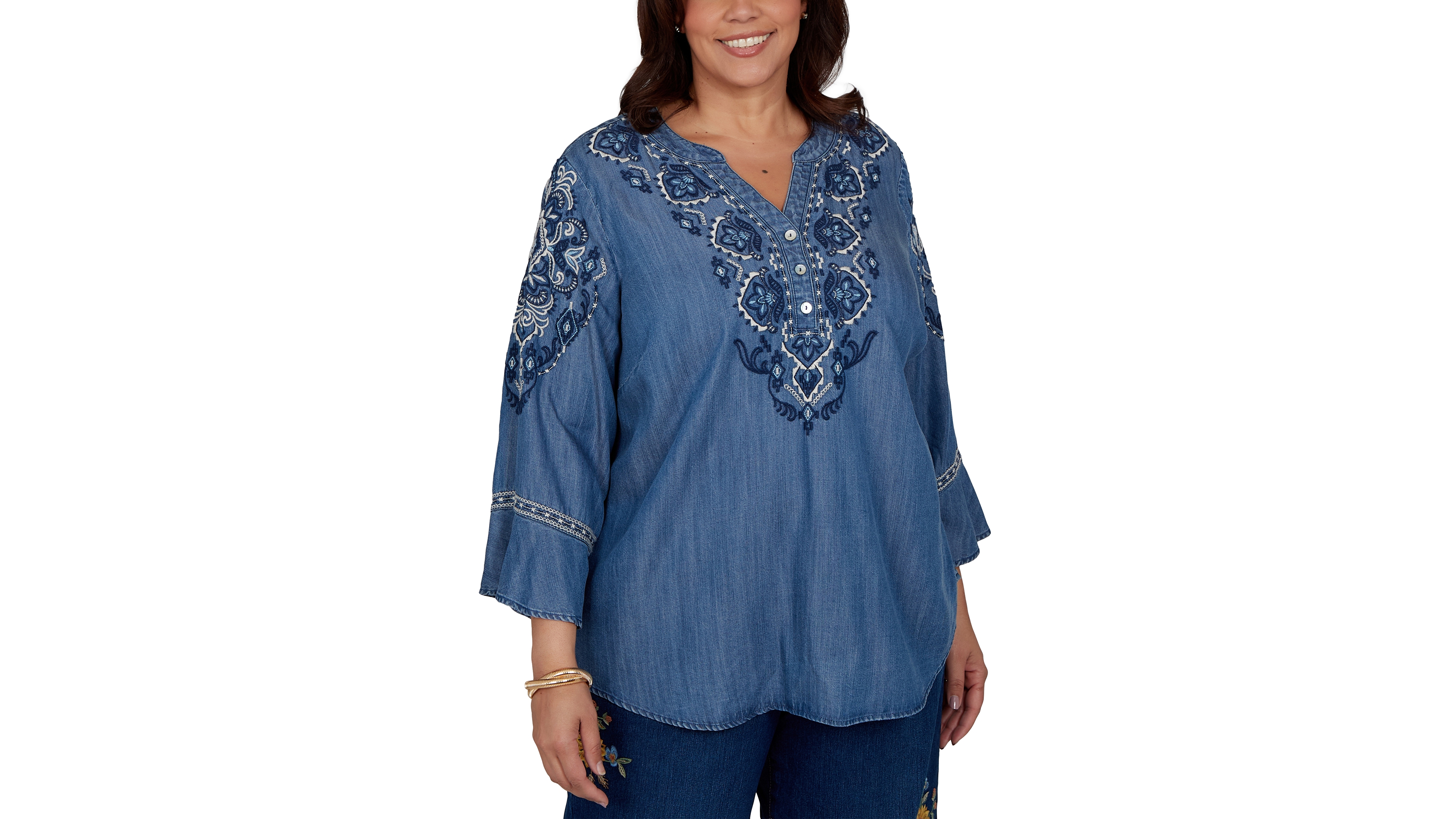 Alfred Dunner Plus Size Embroidered Henley Denim Blouse