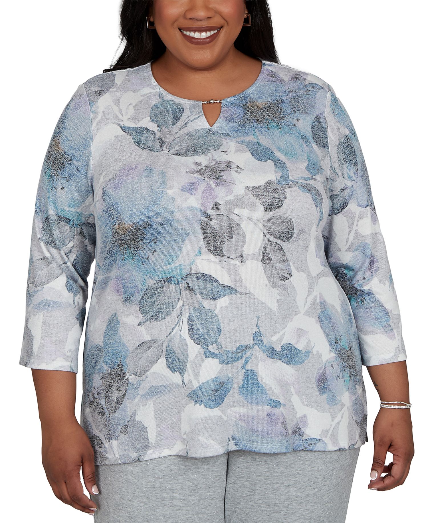 Plus Size Floral-Print 3/4-Sleeve T-Shirt