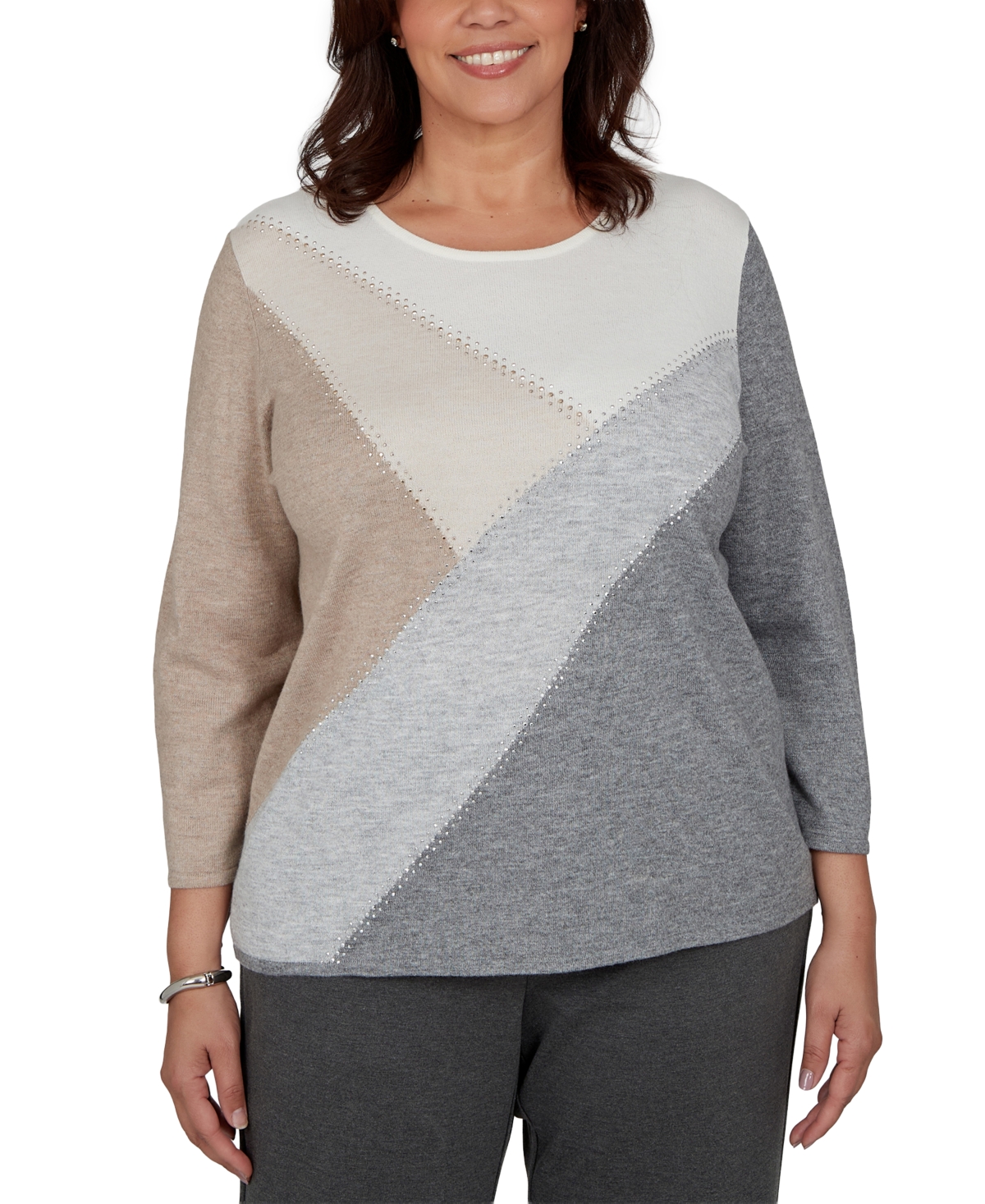 Alfred Dunner Plus 3/4-Sleeve Colorblock Crewneck Pullover Sweater