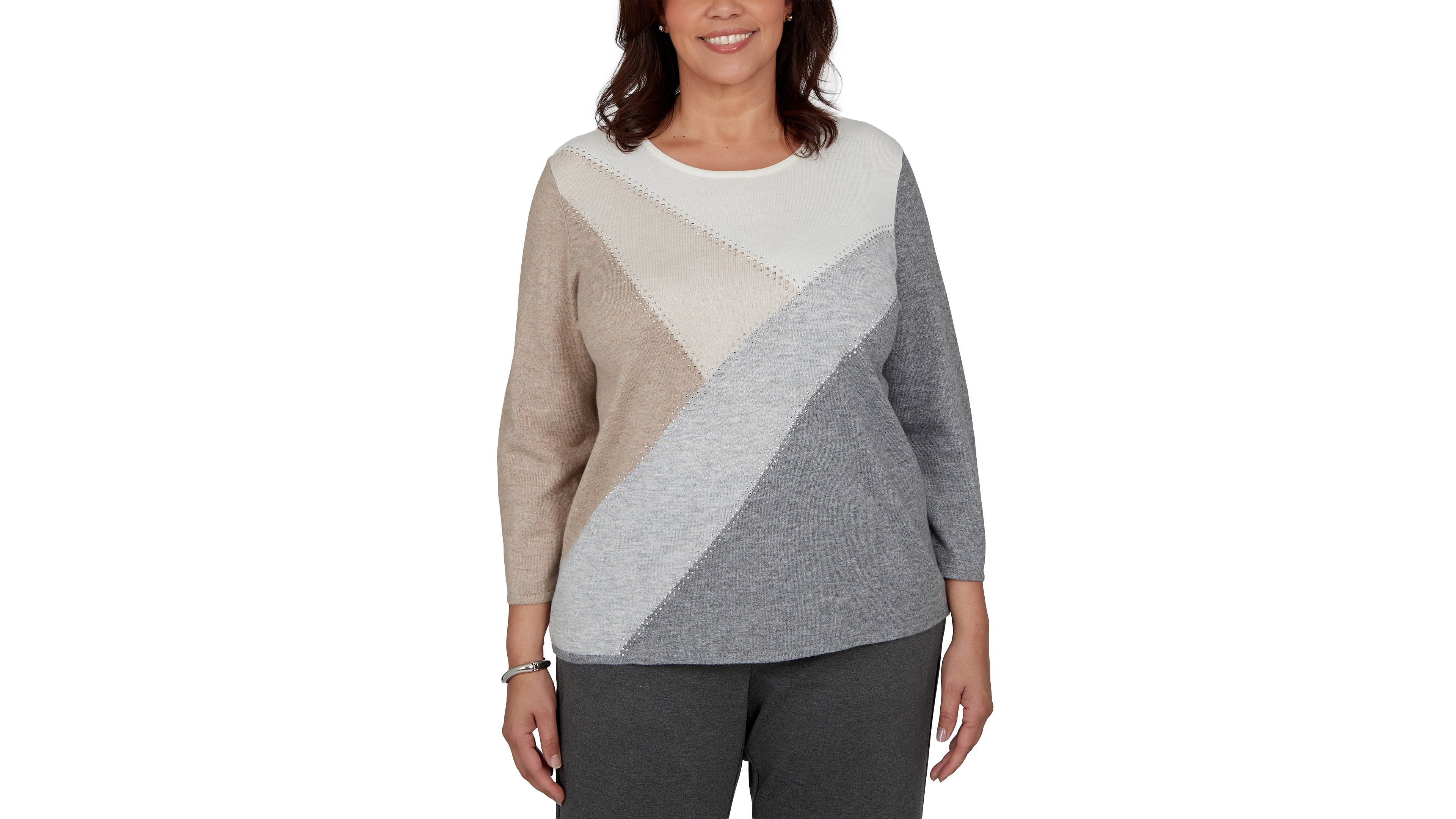 Alfred Dunner Plus 3/4-Sleeve Colorblock Crewneck Pullover Sweater