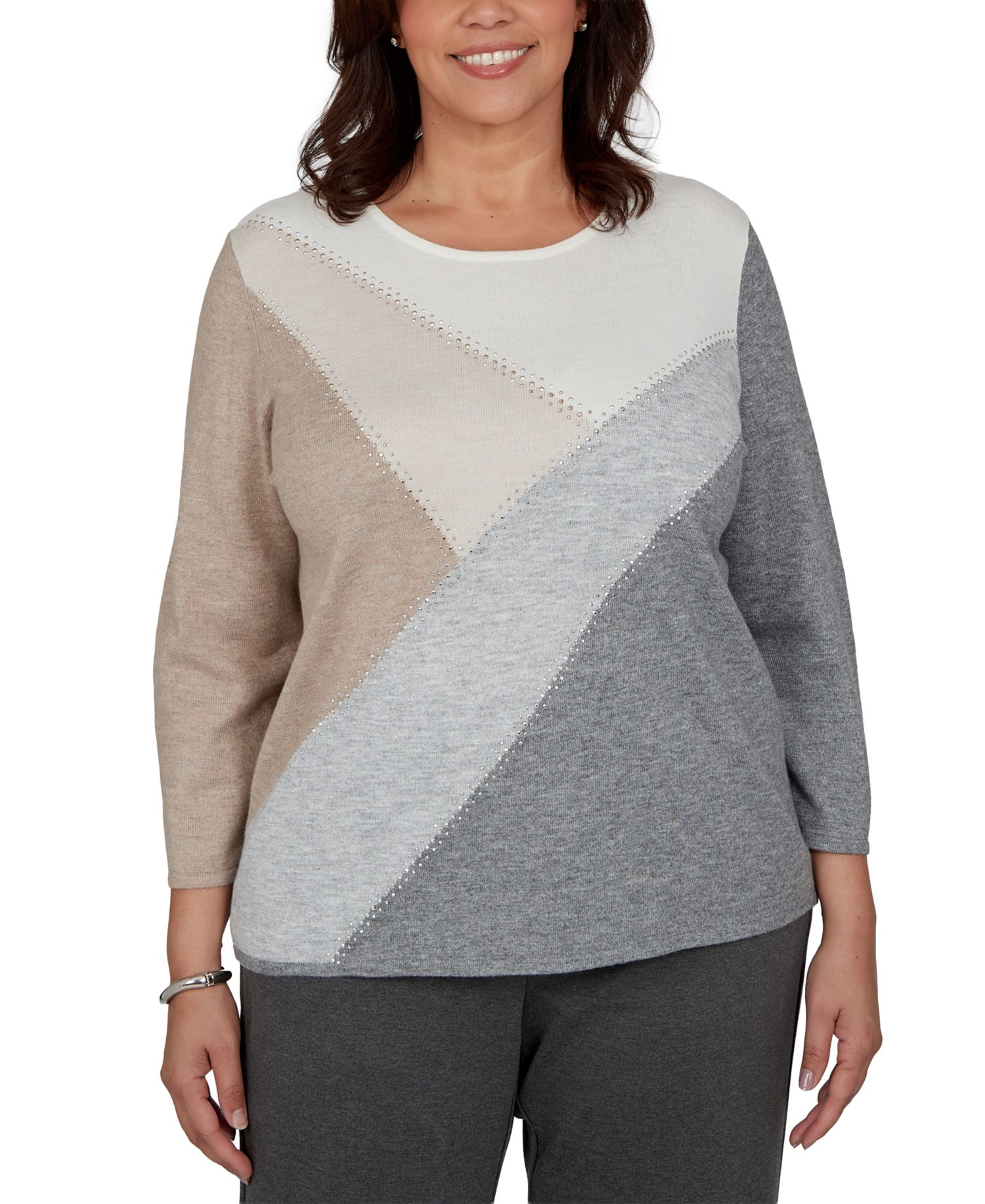 Plus Size 3/4-Sleeve Colorblock Crewneck Pullover Sweater