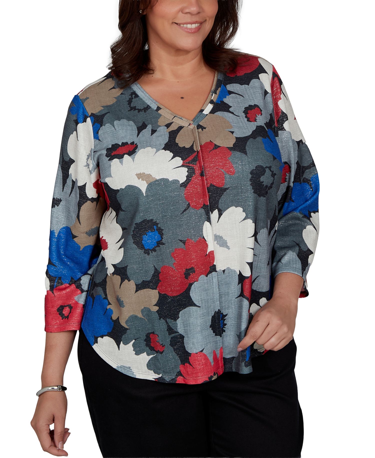 Plus Size Floral V-Neck 3/4-Sleeve Blouse