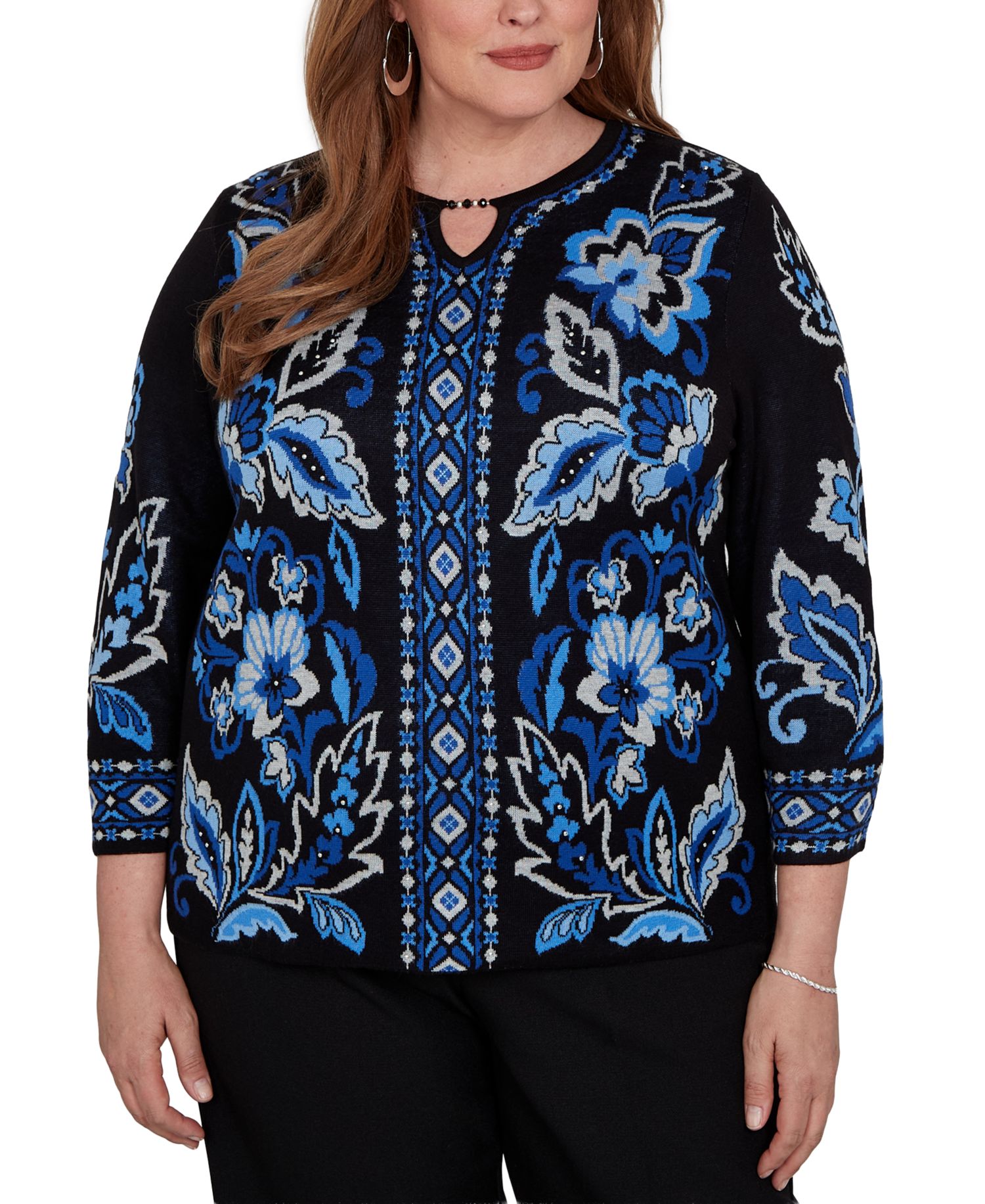 Plus Size Keyhole Neck 3/4-Sleeve Pullover Sweater