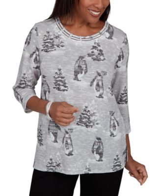 Petite Classic Penguins and Trees 3/4-Sleeve Holiday Knit Top
