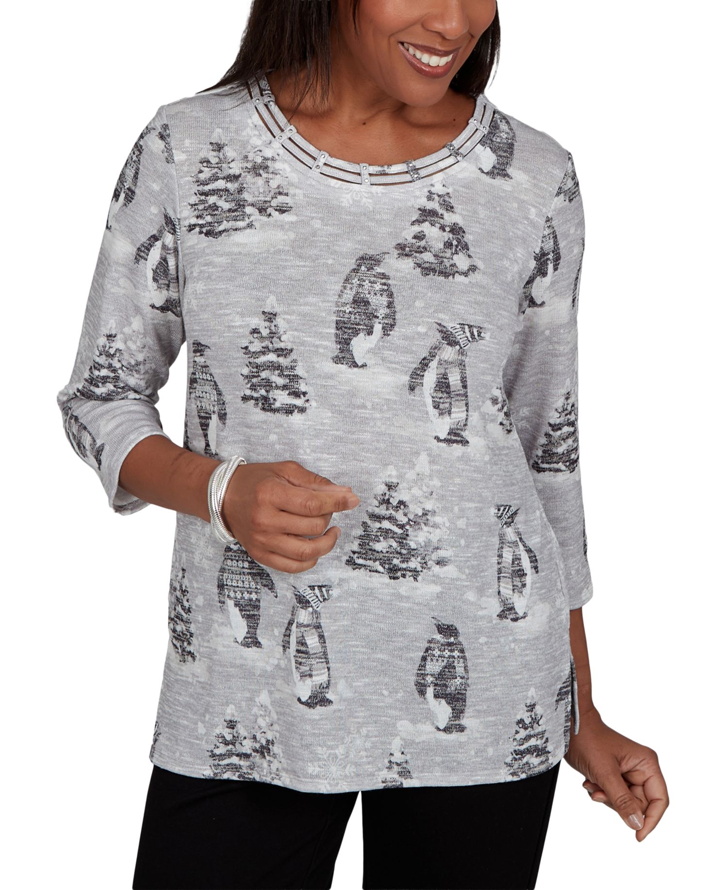 Petite Classic Penguins and Trees 3/4-Sleeve Holiday Knit Top