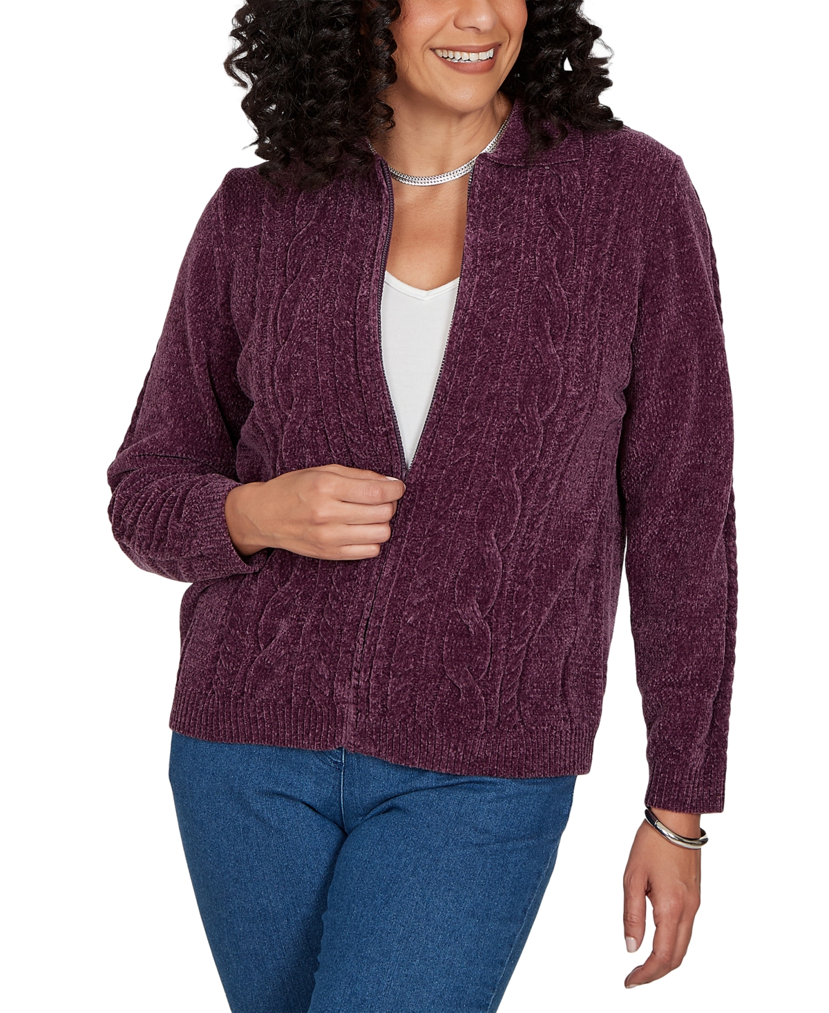 Alfred Dunner Women's Classic Cable Chenille Zip Cardigan Sweater