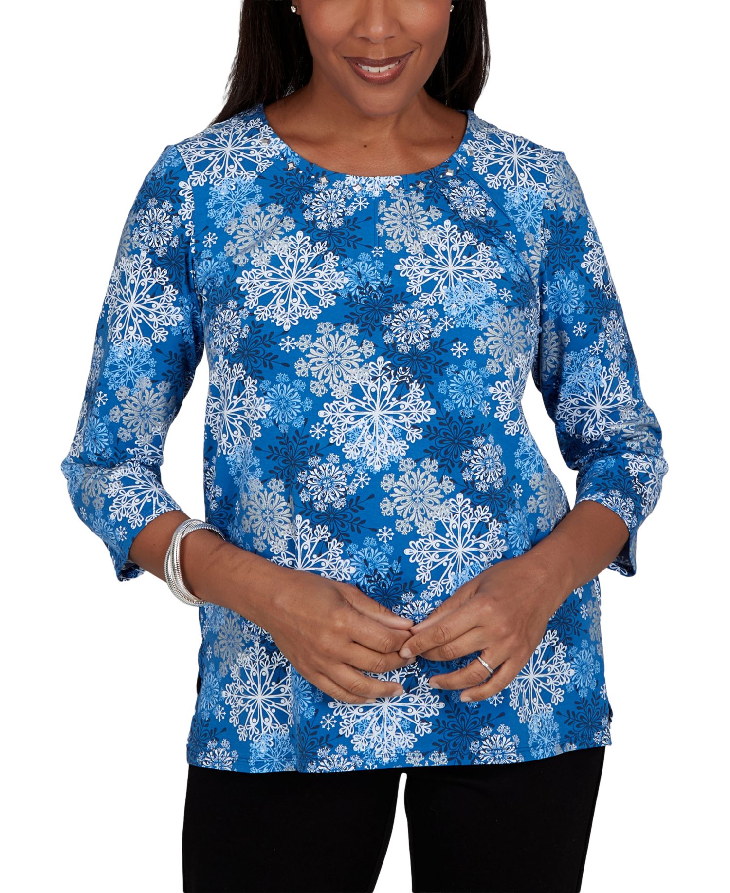 Petite Snowflake Print 3/4-Sleeve Holiday Knit Top