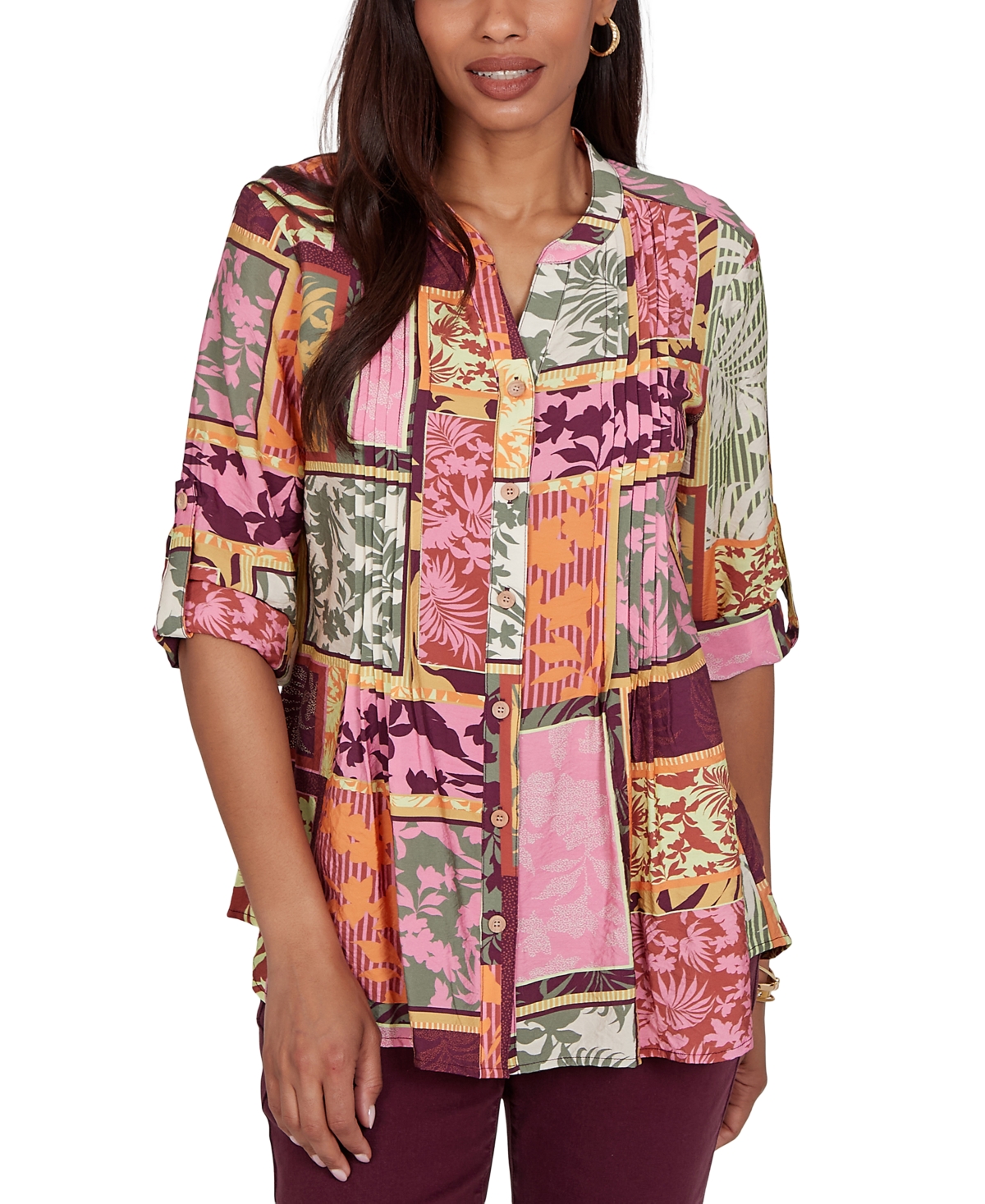 Ruby Rd. Petite Tropical Patchwork Voile Button Front Top