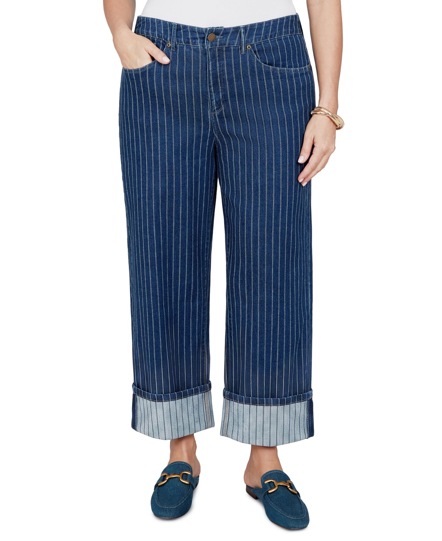 Plus Size Pinstripe Wide Cuff Denim Jeans