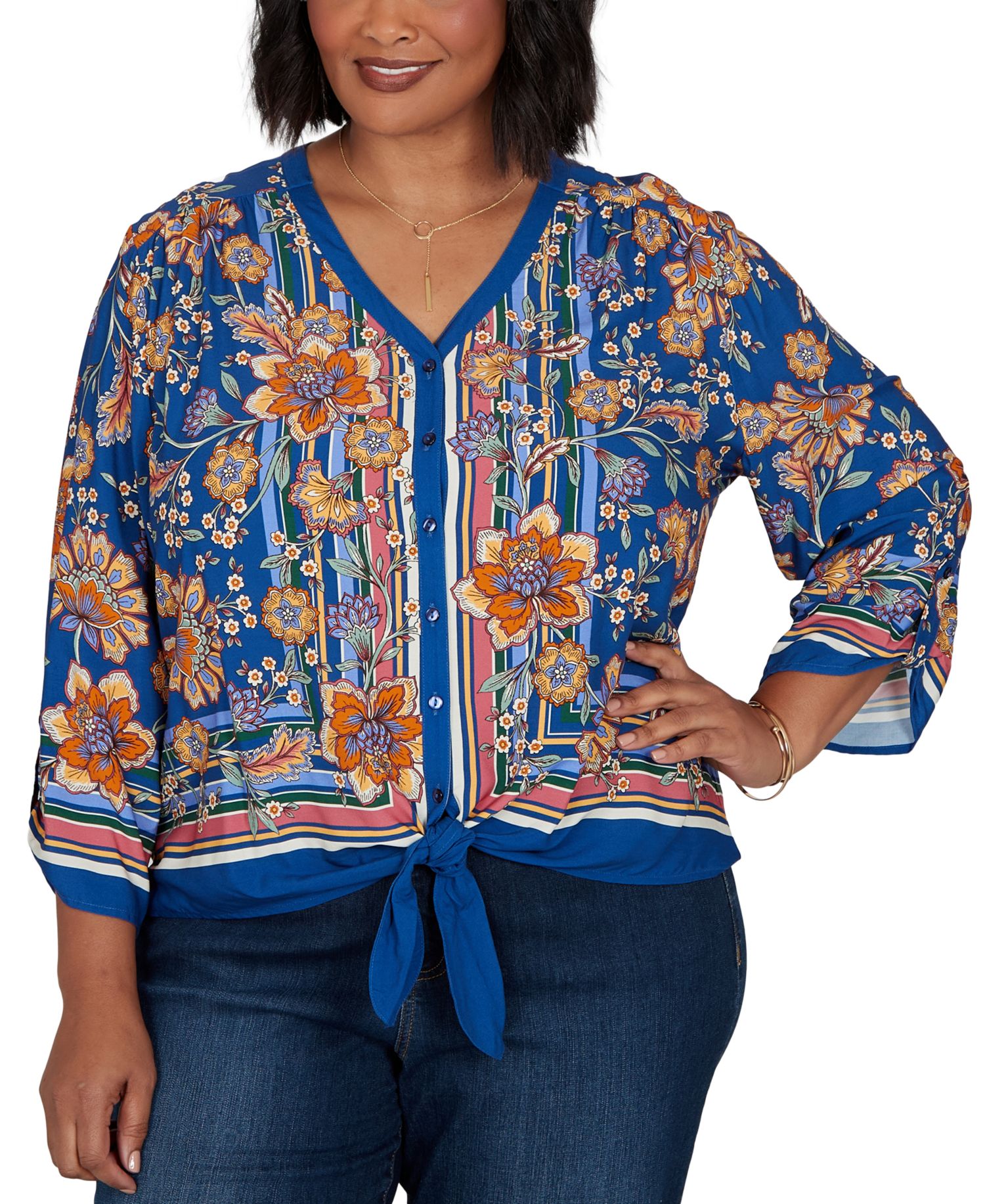 Plus Size Floral Vines Tied Button-Front Blouse