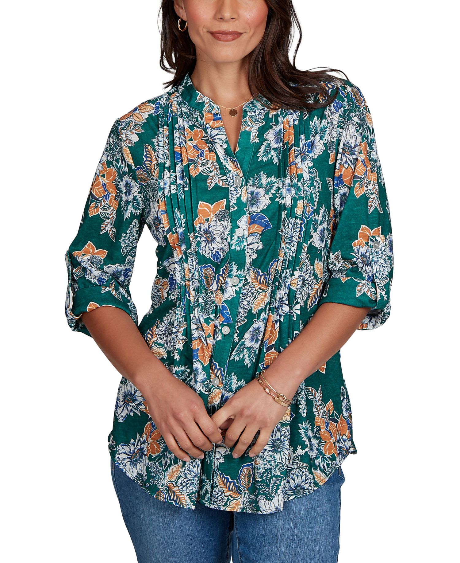 Petite Kensington Henley 3/4-Sleeve Floral Blouse