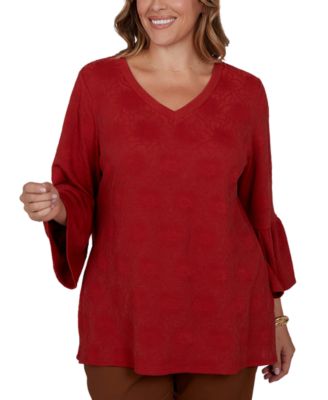 Plus Size V-Neck Floral Bell-Sleeve Blouse