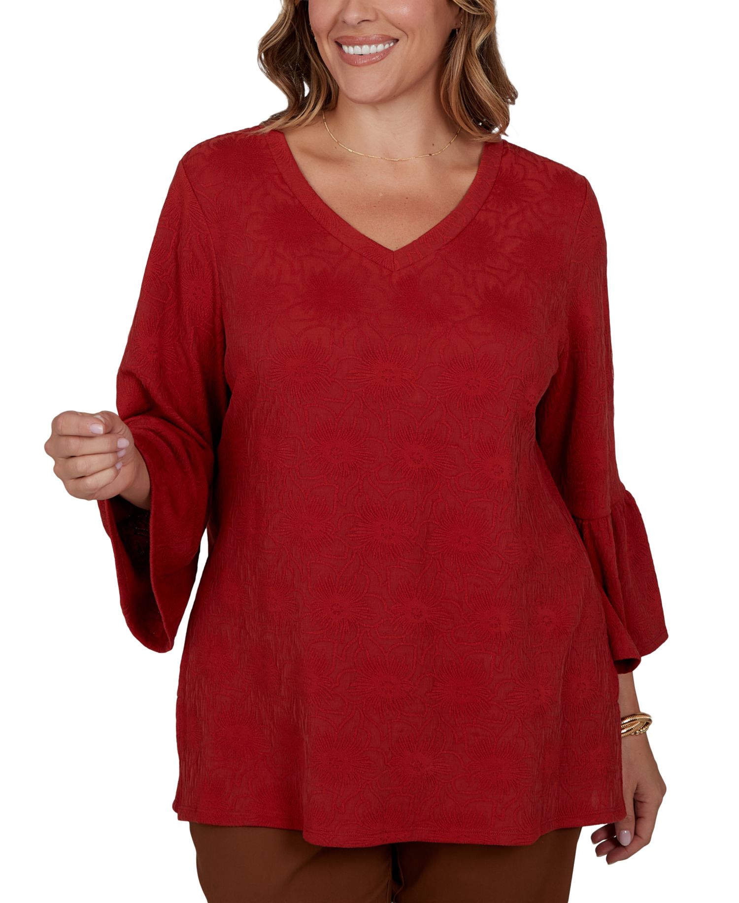 Plus Size V-Neck Floral Bell-Sleeve Blouse