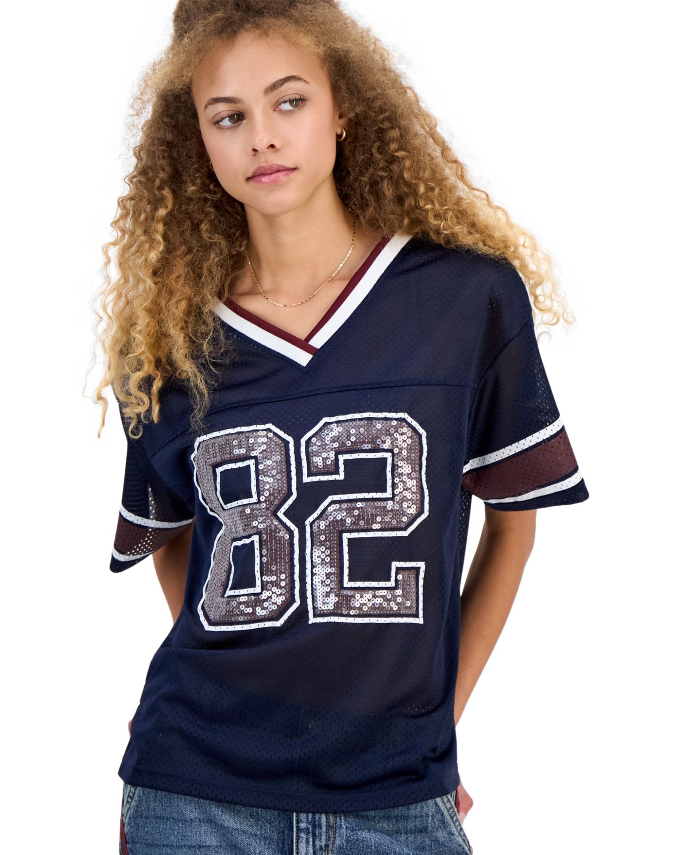 Женское джерси Madden Girl Juniors' Sequin-Trim Mesh Jersey, цвет: Тёмно-синий — фото 1