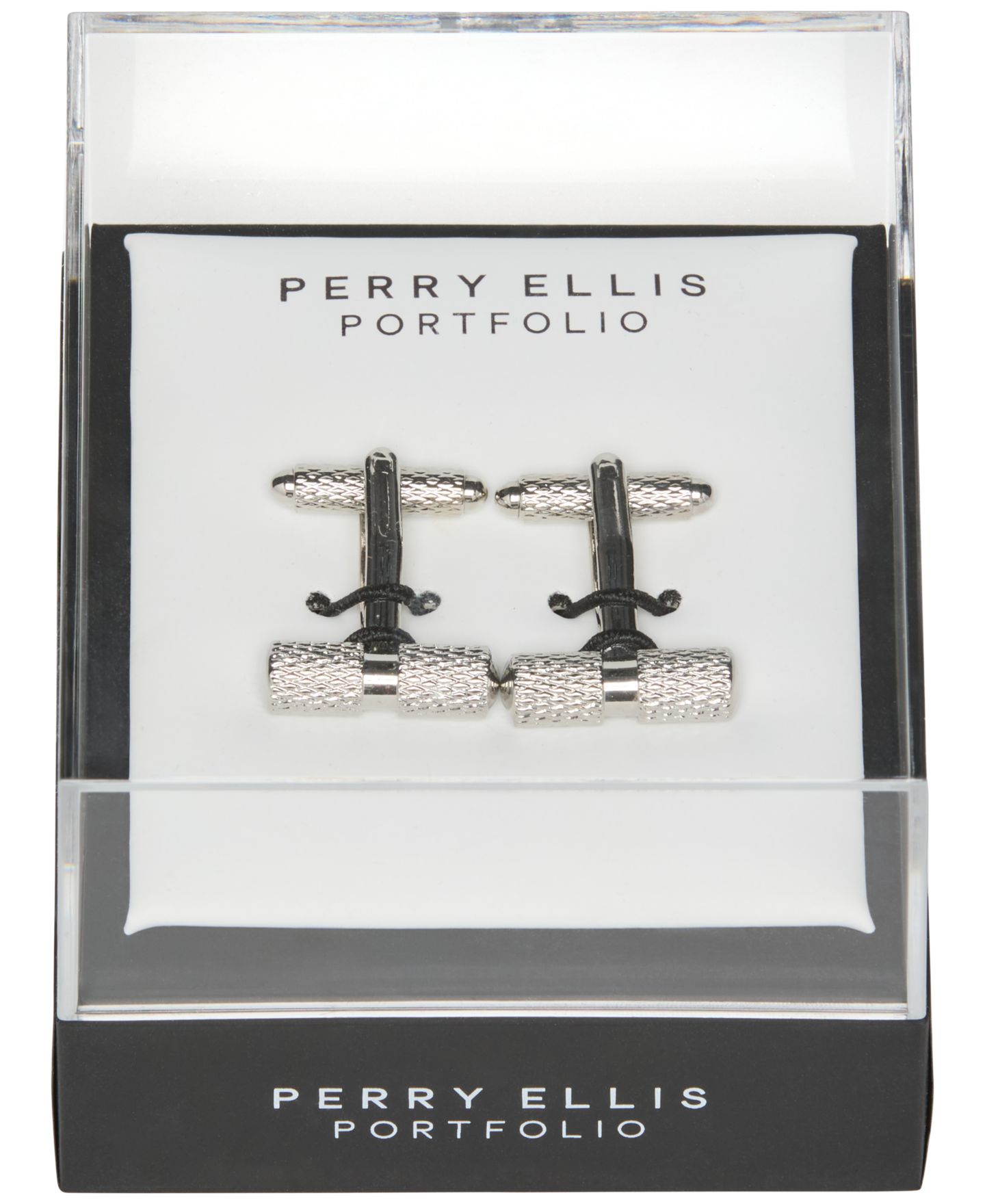 Мужские запонки Perry Ellis Portfolio Silver-Tone Textured Barrel Cufflinks, цвет: Полированный — фото 3
