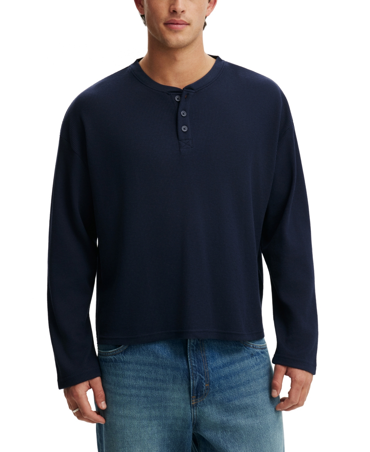 Cotton On Men's Waffle-Knit Long-Sleeve Relaxed-Fit Cotton-Blend Henley