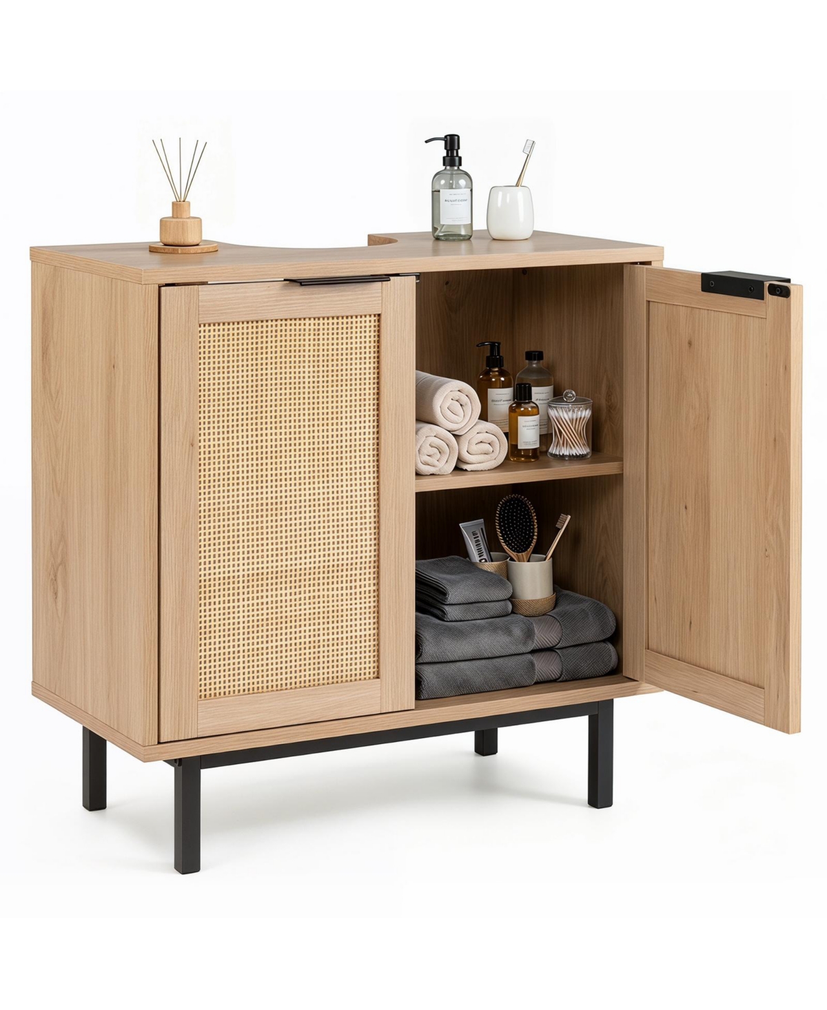 Costway Under Sink Storage Cabinet with U-Shaped Cut-Out 2 Rattan Doors and Shelf Metal Legs