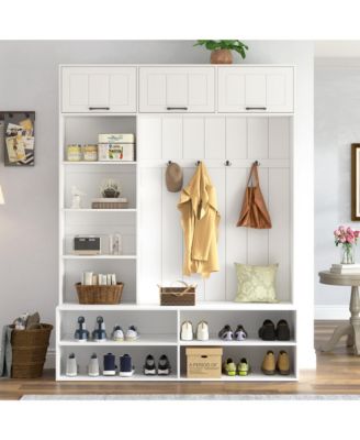 76.9"H Farmhouse Hall Tree, 5-in-1 Entryway Bench with Coat Rack, Modern Entryway Storage Organizer Cabinet