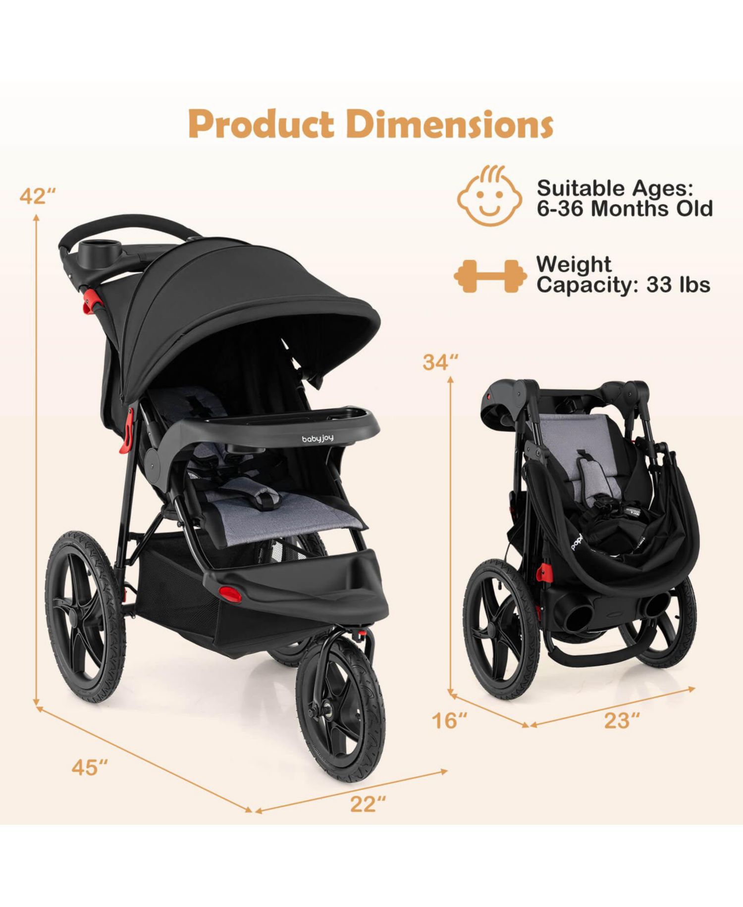 Jogging Stroller Foldable Jogger with Adjustable Canopy Detachable Tray Cup