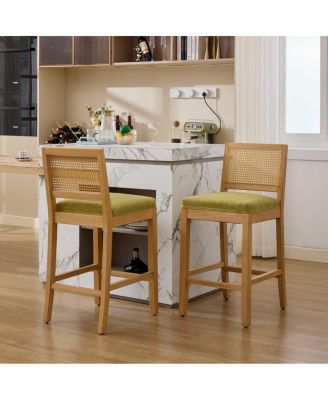 Solid Wood Rattan-Back Bar Stools with Linen Cushions, Set of 2