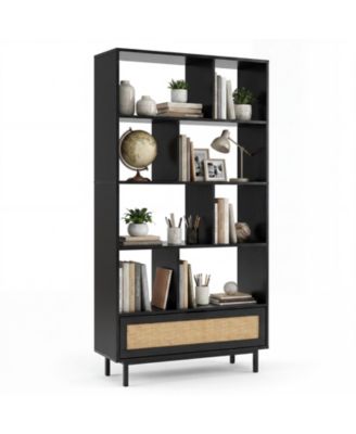 64 Inch 6-Tier Engineered Wood and Metal 8-Cube Rattan Drawer Bookcase