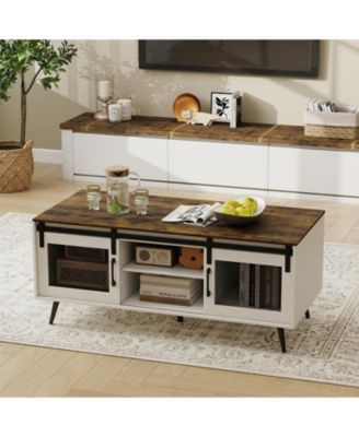 48" Farmhouse Coffee Table with Sliding Doors Adjustable Shelf Storage Compartments