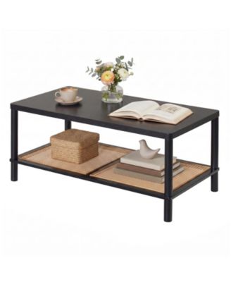 2-Tier Boho Coffee Table for, Rectangular Center Table with Rubber Wood Frame