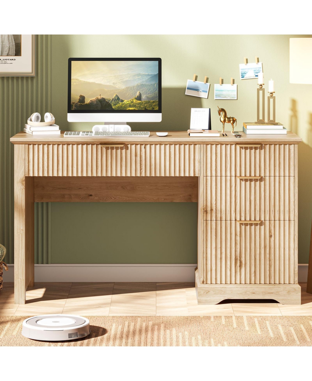Vabches Fluted Executive Desk, Home Office Computer Desk with File Drawer