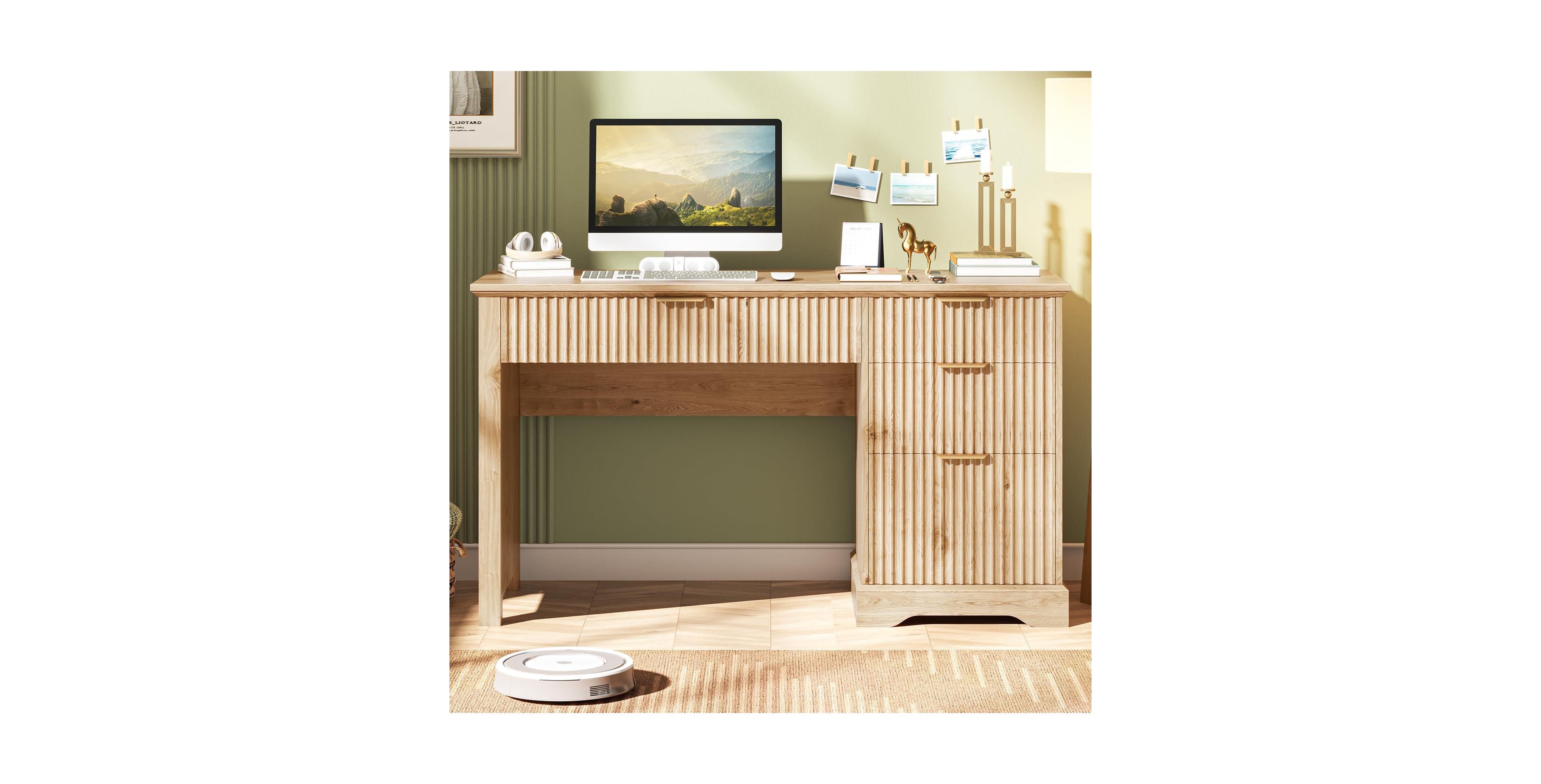Vabches Fluted Executive Desk, Home Office Computer Desk with File Drawer