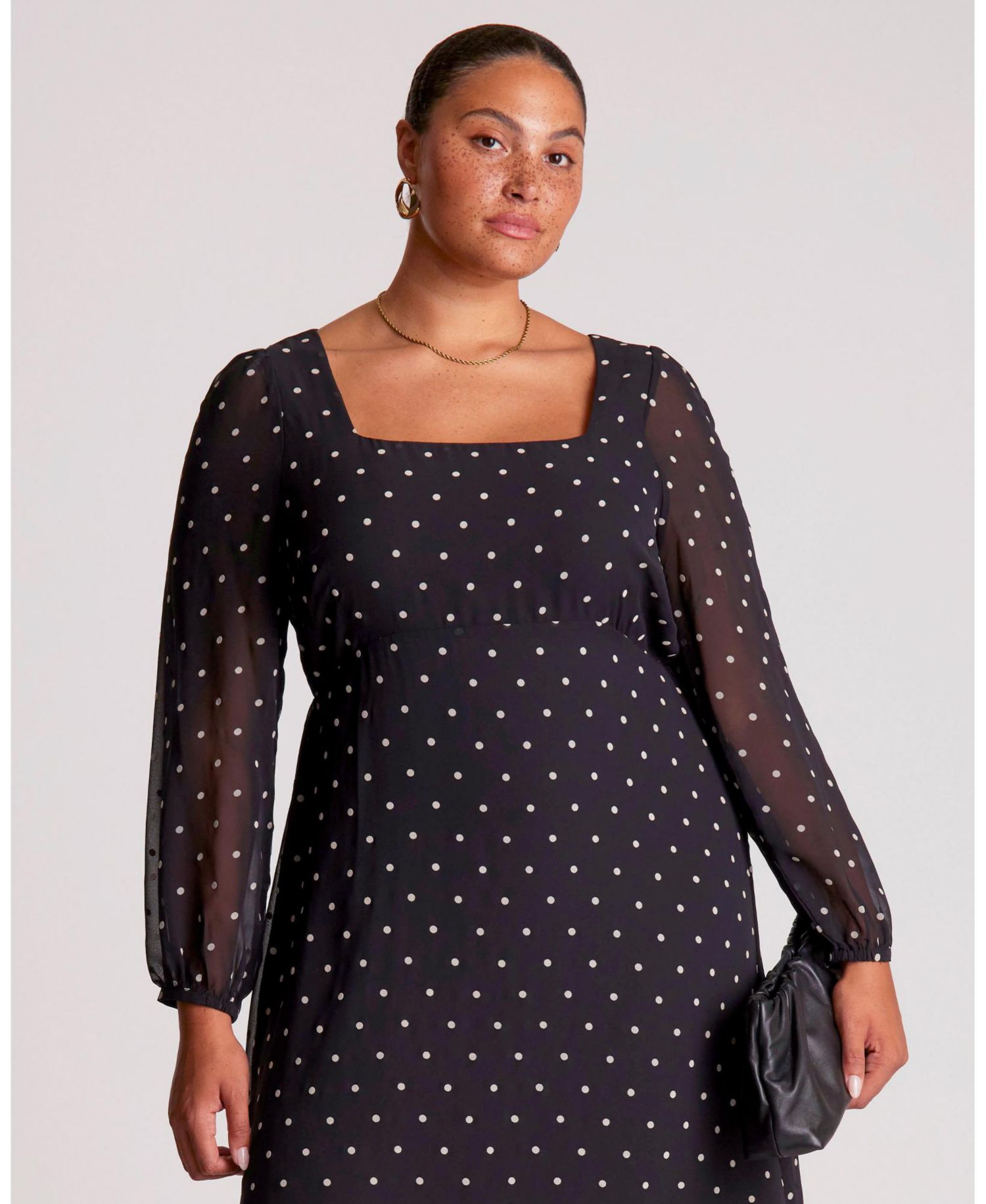 Women's Sable Polka Dot Square Neck Long Sleeve Midi Dress