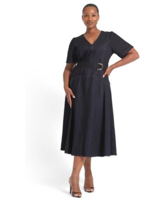 Plus Size Lyra V-Neck Fit & Flare Midi Denim Dress