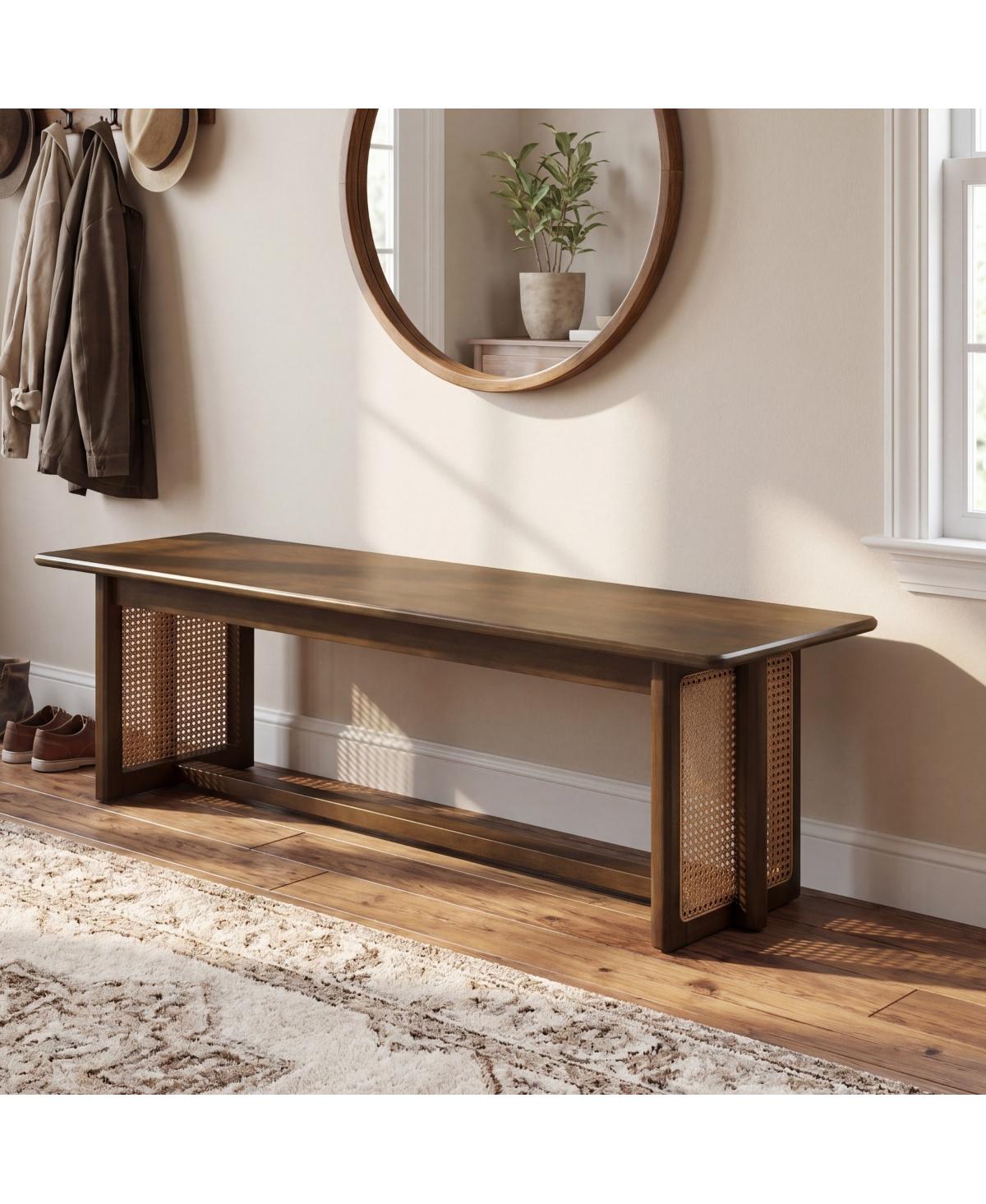 Streamdale Furniture Walnut Rubber Wood and Rattan Dining Bench - 59"L