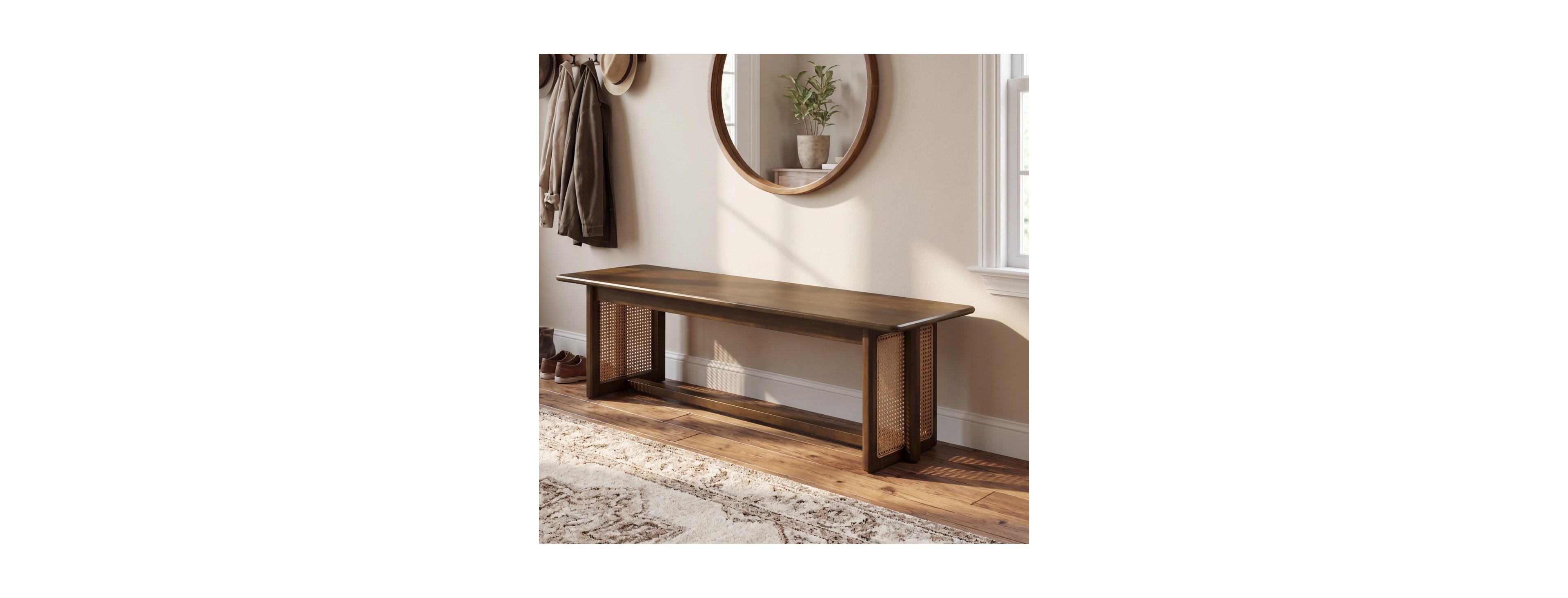 Streamdale Furniture Walnut Rubber Wood and Rattan Dining Bench - 59"L