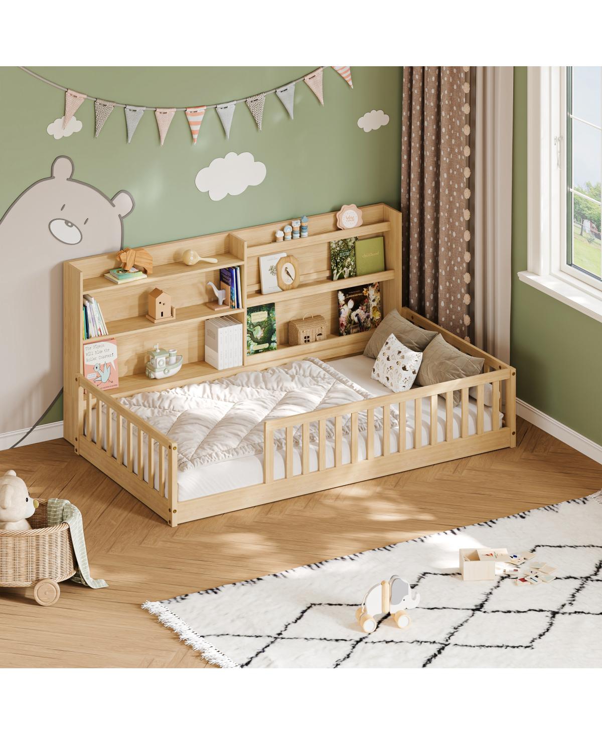 Streamdale Furniture Twin Montessori Floor Bed with Bookshelf and Safety Rails - Natural