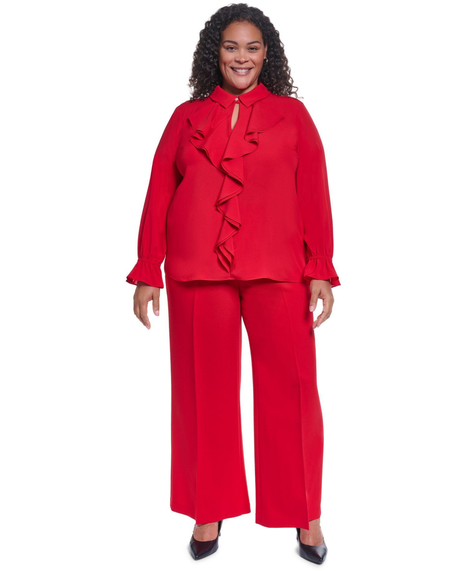 Plus Size Button-Up Ruffle-Trim Keyhole Blouse