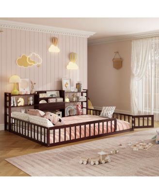 Full Size Floor Fence Bed Frame with Bookcase and Shelves