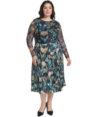 Plus Size Mixed Media Mesh Long-Sleeve Dress