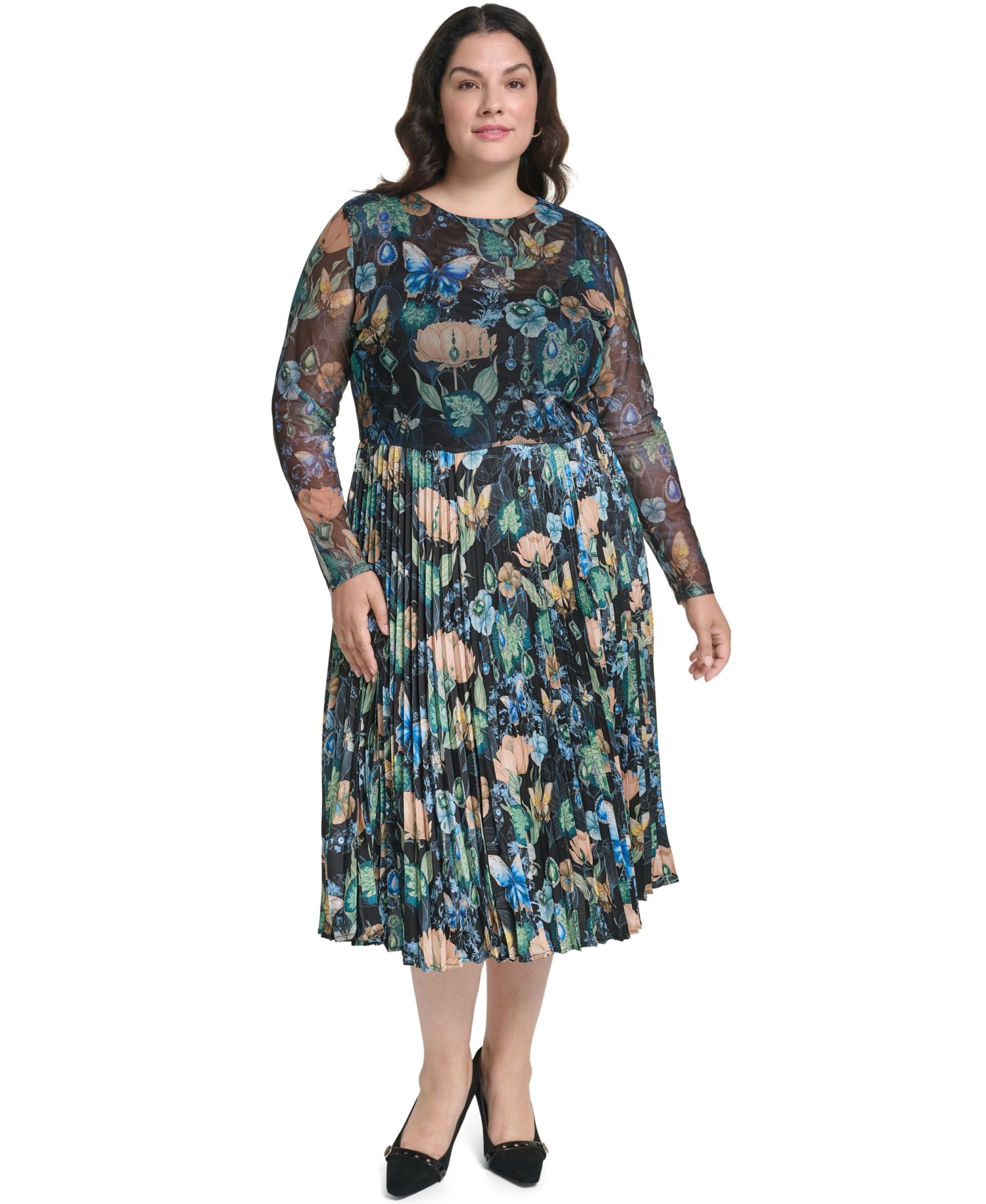 Plus Size Mixed Media Mesh Long-Sleeve Dress