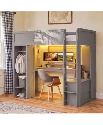 Twin Size Solid Wood Loft Bed with L-Desk, Wardrobe and LED Lights