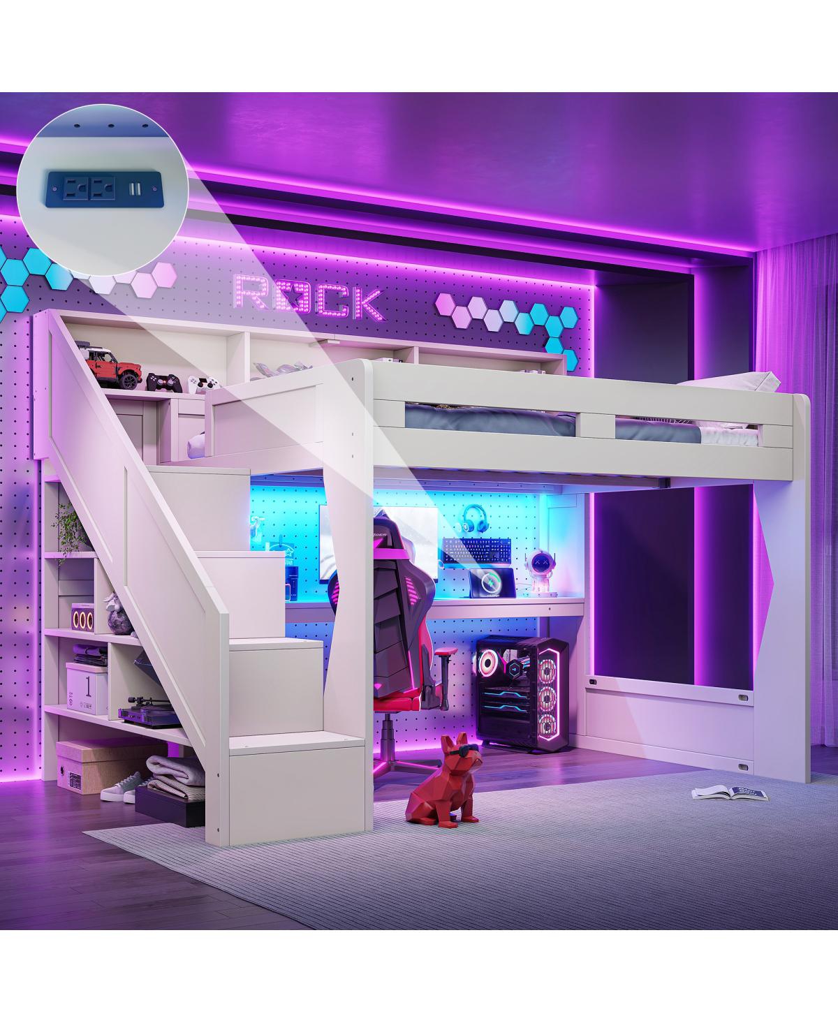 Streamdale Furniture Queen Size Gaming Loft Bed with Desk, Led Light, and Storage Stairs