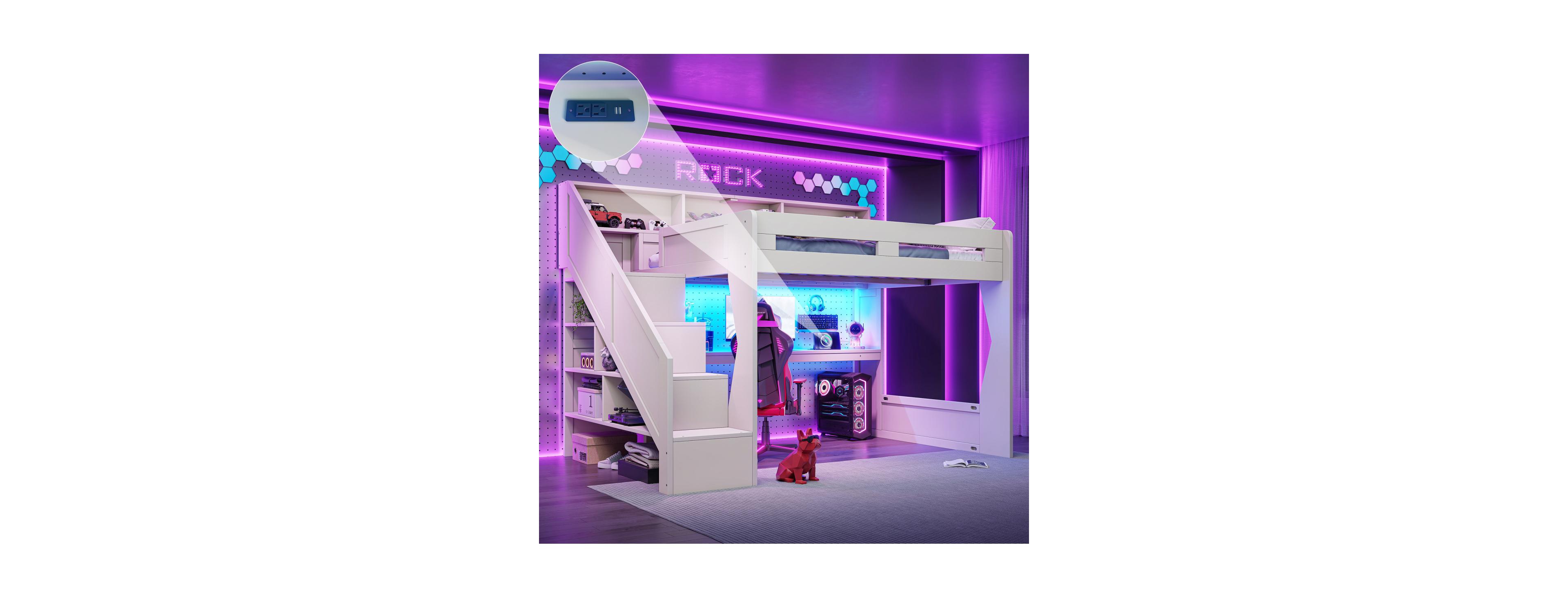 Streamdale Furniture Queen Size Gaming Loft Bed with Desk, Led Light, and Storage Stairs