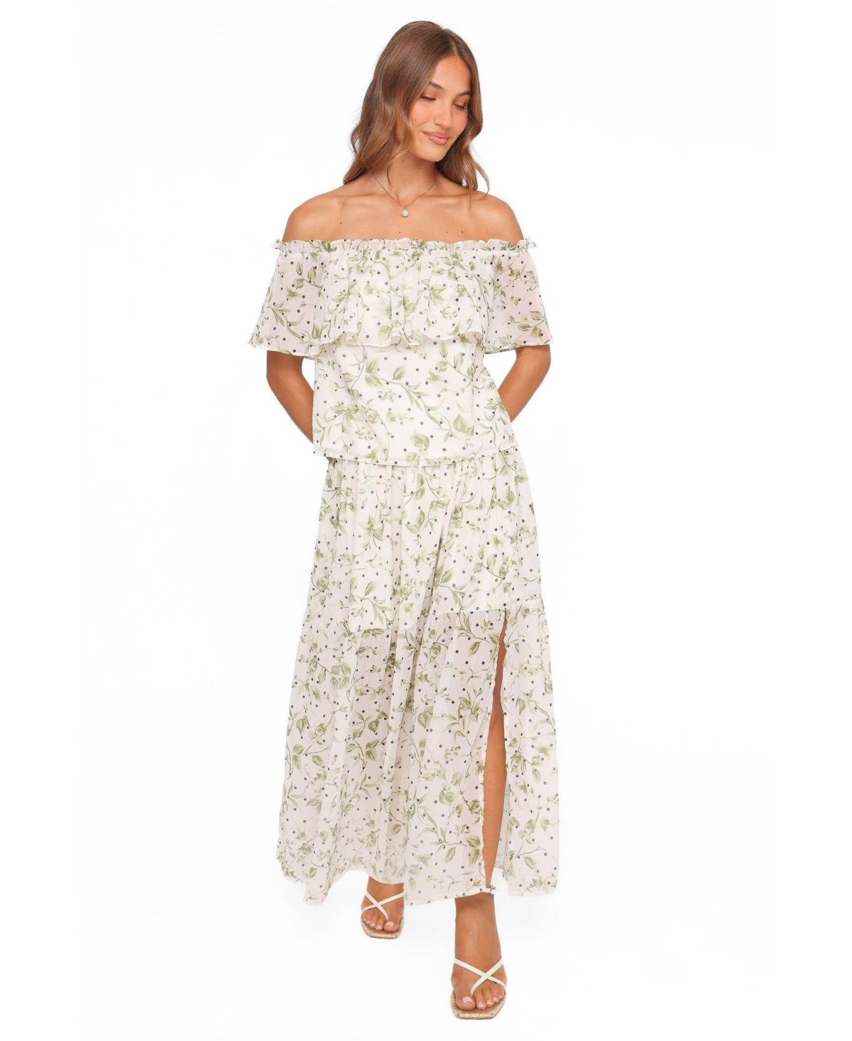 Petal and Pup Women's Vanessa Off-Shoulder Top and Tiered Maxi Skirt, 2-Piece Set - Green leaf