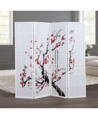 Elandra 4-Panel Room Divider, Plum Blossom Print, Privacy Screen