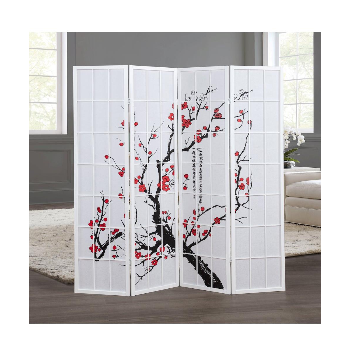Roundhill Furniture Elandra 4-Panel Room Divider, Plum Blossom Print, Privacy Screen