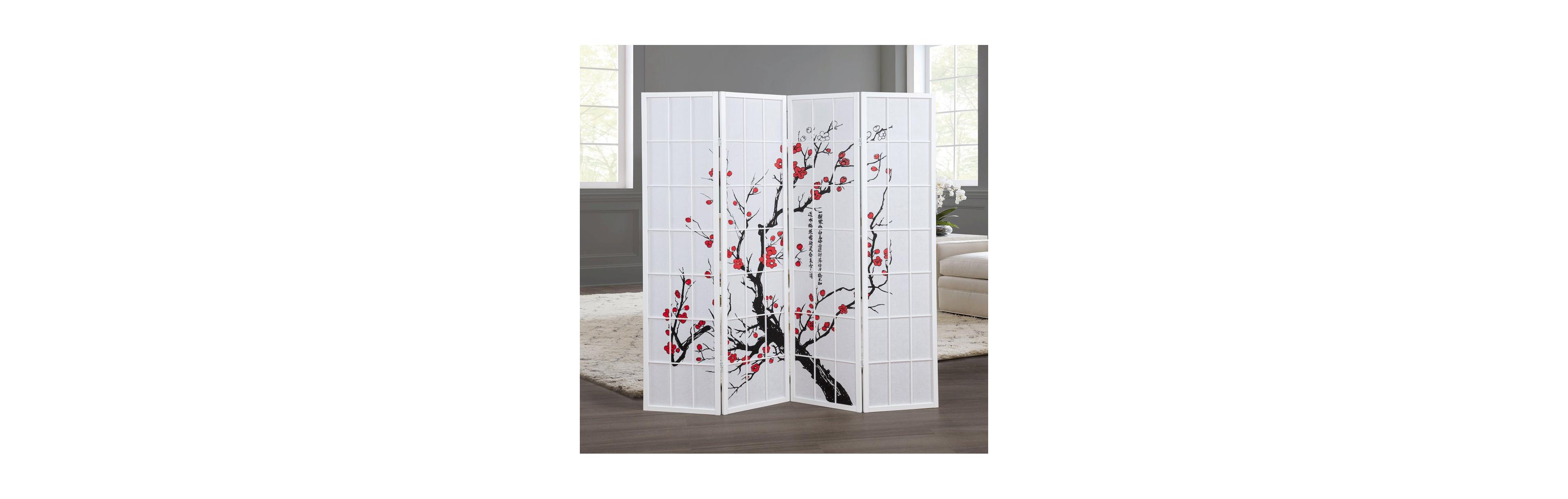 Roundhill Furniture Elandra 4-Panel Room Divider, Plum Blossom Print, Privacy Screen
