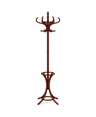 Wooden Standing Coat Rack with 12 Hooks and Built-In Umbrella Stand