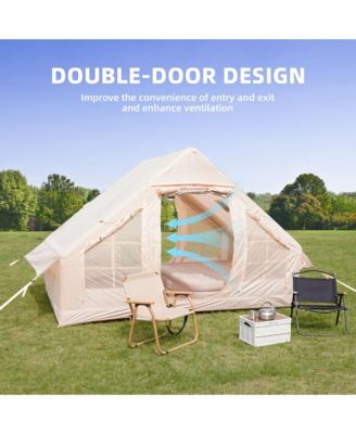 2 4 Person Inflatable Glamping Tent Fast Setup Waterproof Camping Tent with Chimney Window and Dual Doors