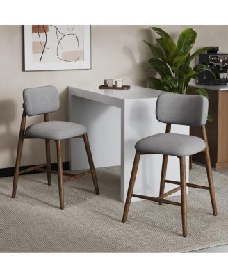 Counter Height Bar Stools Set of 2, Fabric Upholstered Counter Stools With Curved Backrest, Walnut Finish, Solid Wood Frame