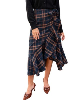 Women's Extra Credit Plaid High-Waisted Asymmetrical Midi Skirt