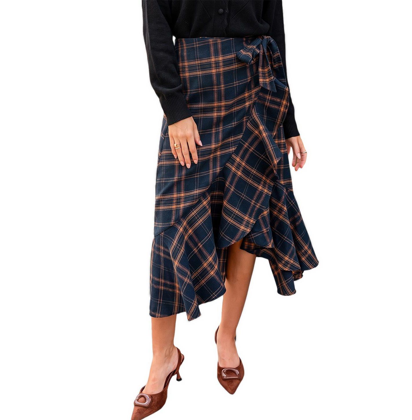Женская юбка Cupshe Extra Credit Plaid High-Waisted Asymmetrical Midi, цвет: Тёмный синий — фото 1